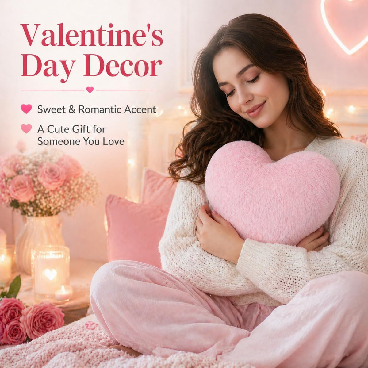 RAINFLOW Decorative Heart Pillow - Pink Faux Fur Throw Pillow Room Decor