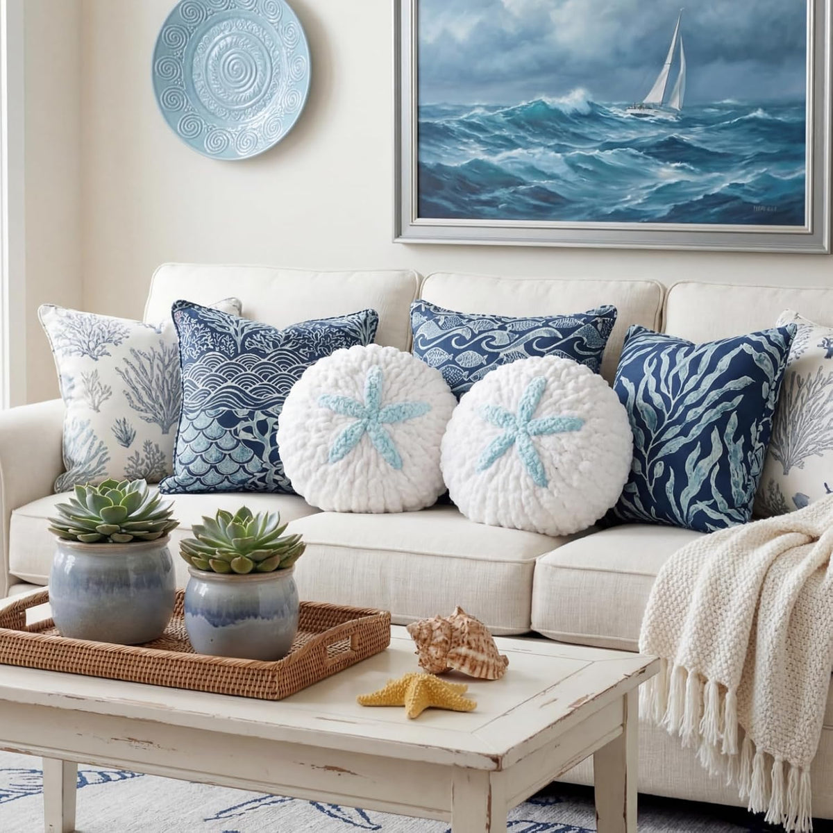 Breling 2 Pcs Hand Crochet Sand Dollar Pillows Knitted Throw Pillows