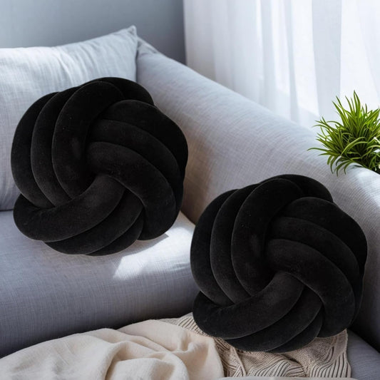 2 Pcs Knot Ball Pillow Black Throw Pillows Plush Round Cushion 8.7"