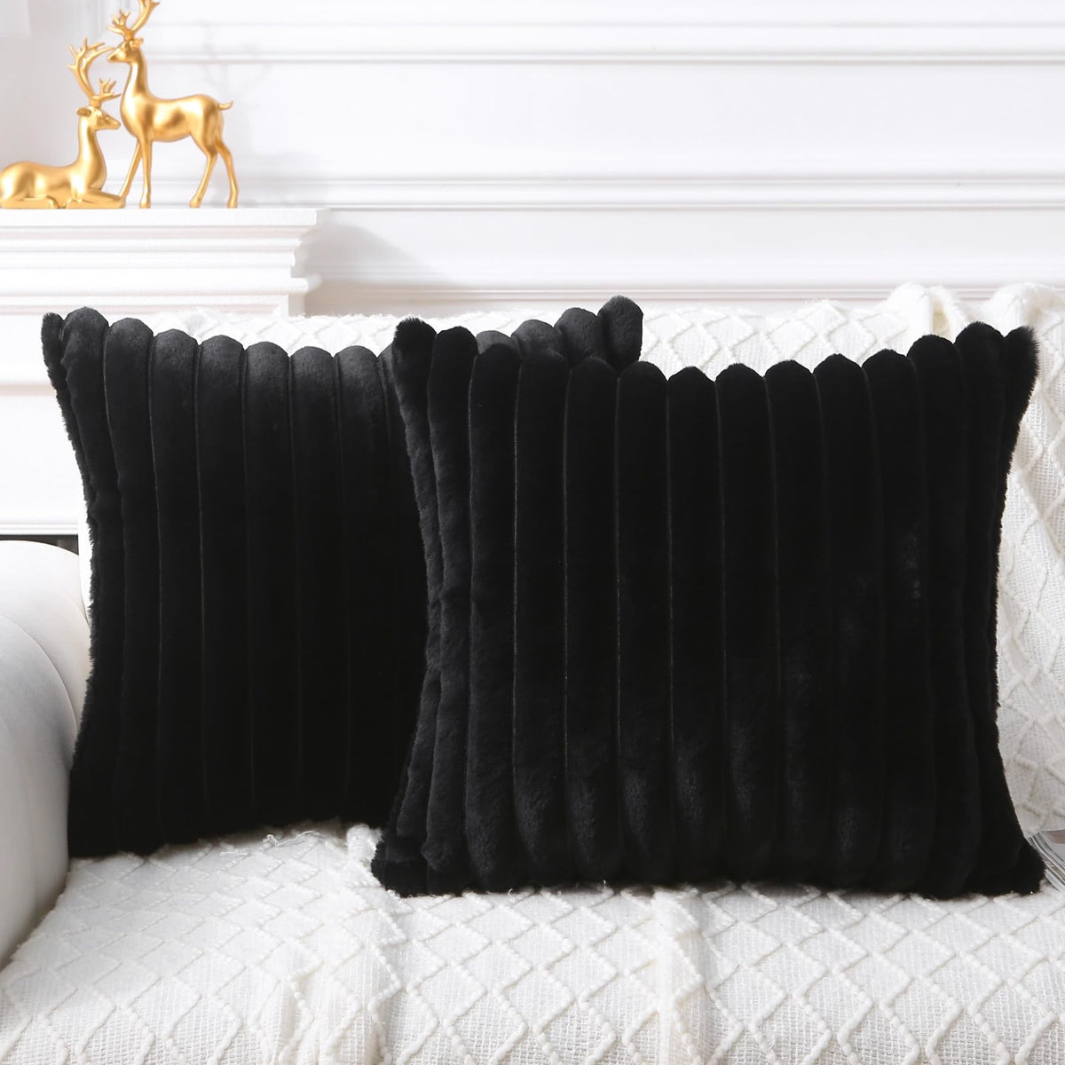 Decorative Throw Pillow with Inserts, Set of 2 Soft Faux Fur Throw Pillows, Square Boho Striped Pillow for Couch, Bed, Sofa Decor(Beige, 18" x 18")