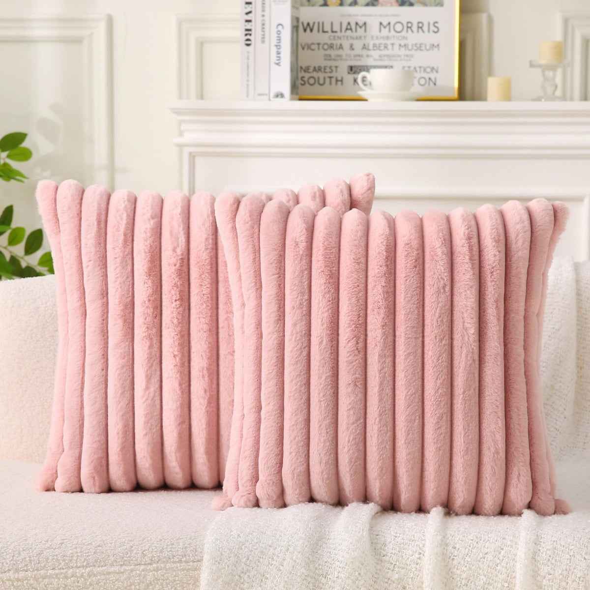 Decorative Throw Pillow with Inserts, Set of 2 Soft Faux Fur Throw Pillows, Square Boho Striped Pillow for Couch, Bed, Sofa Decor(Beige, 18" x 18")