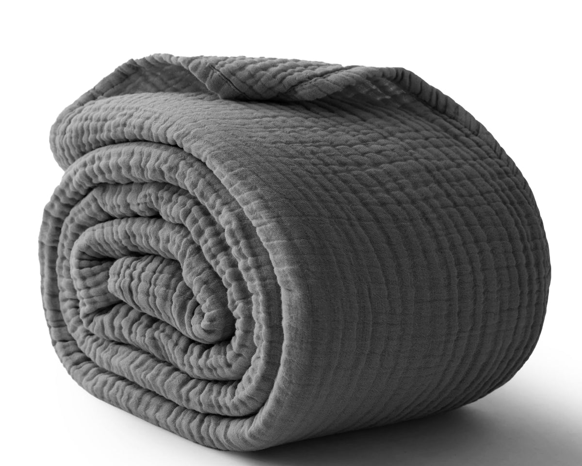 100% Cotton Muslin Blanket for Adults, 6-Layer Large Throw, Beige Linen