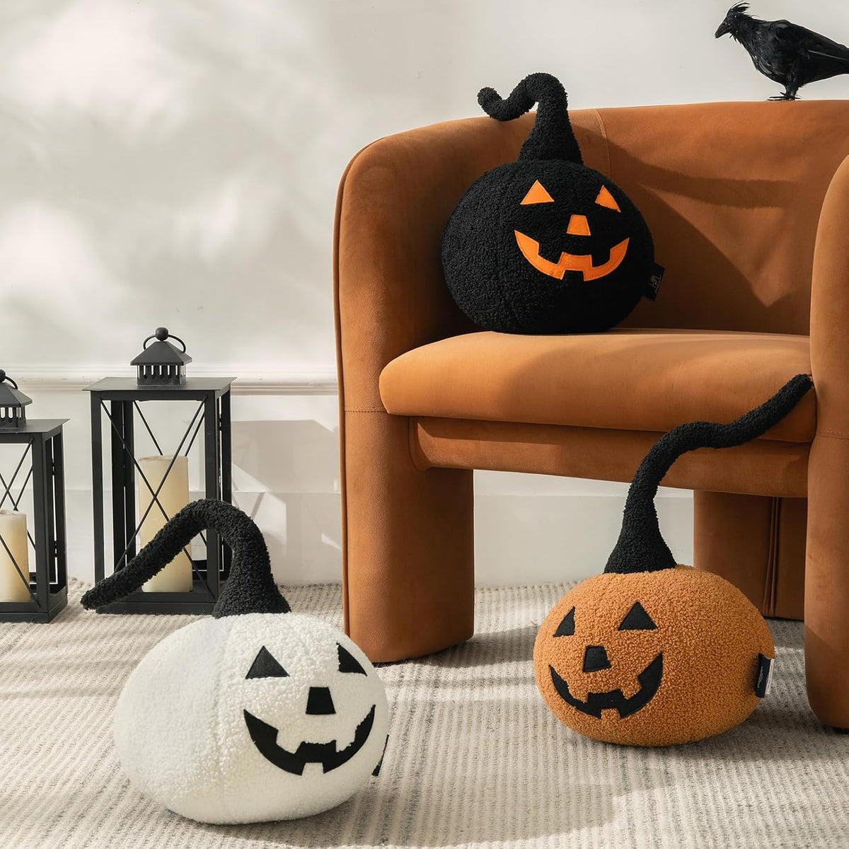 Phantoscope Happy Halloween Pumpkin Shaped Throw Pillow, Teddy Fleece Jack-o’-Lantern Pumpkin Pillow, Ultra Soft Sherpa Fall Decorative Halloween Cushion Pillow, Orange, 9.5 x 9.5 inches