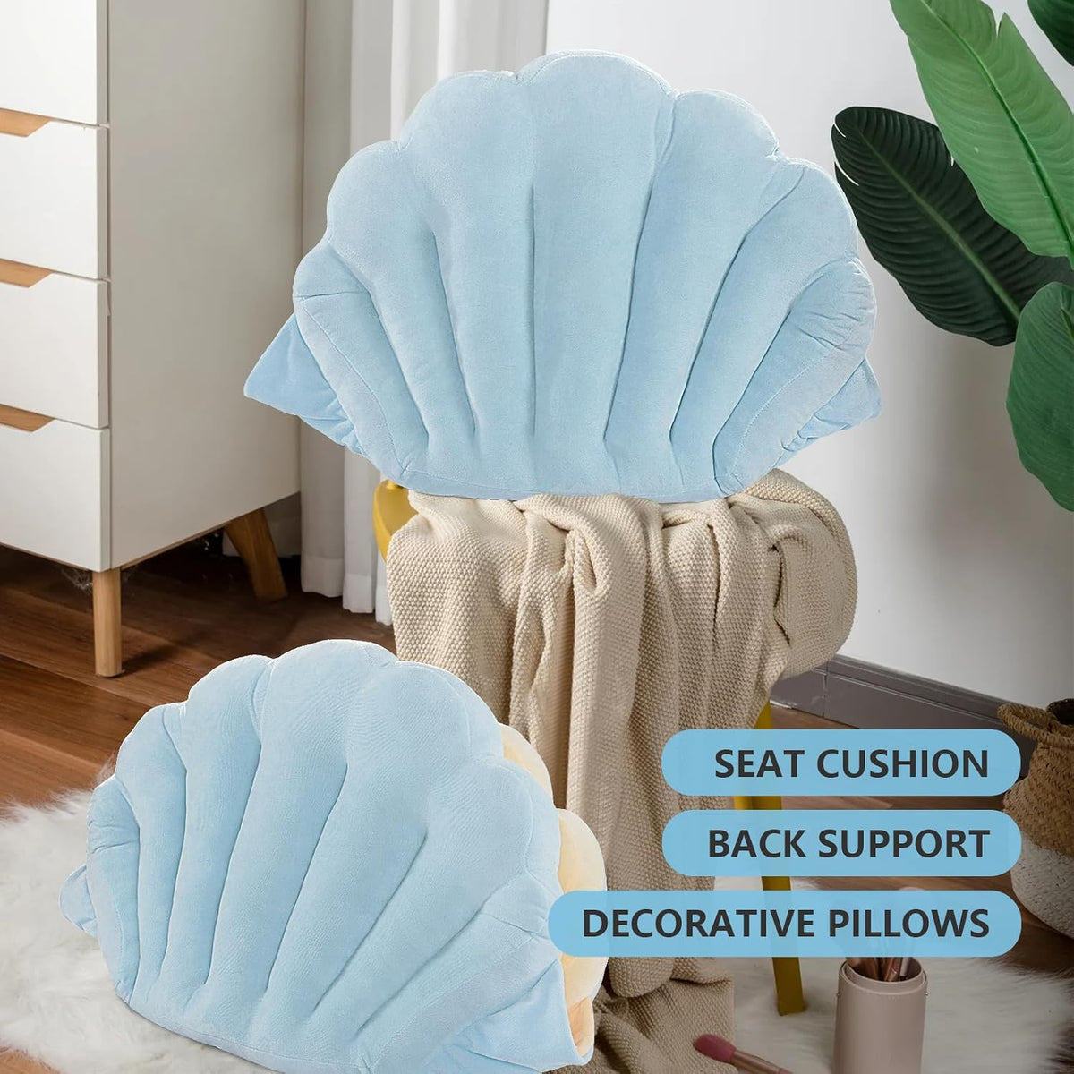 HOMBYS Shell Shaped Seat Cushion with Backrest, Cute Gaming Chair Cushion, Openable Shell Pillow, Throw Pillow & Decorative Pillow for Bed, Couch & Sofa, Ocean Theme Seashell Home Decor, (Blue)
