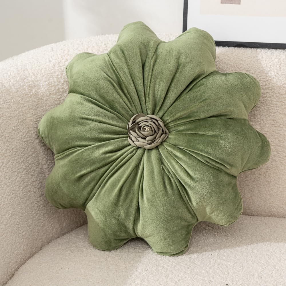 Flower Pillow Cushion Round Decorative Throw Pillows 15.7 Inch Velvet Flower Shaped Pillow Floral Cushion for Sofa, Couch, Vanity Chair, Bed (Green)