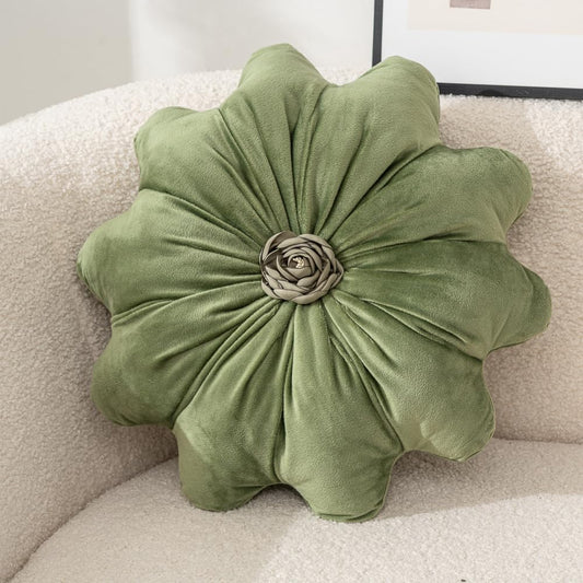Flower Pillow Cushion Round Decorative Throw Pillows 15.7 Inch Velvet Flower Shaped Pillow Floral Cushion for Sofa, Couch, Vanity Chair, Bed (Green)