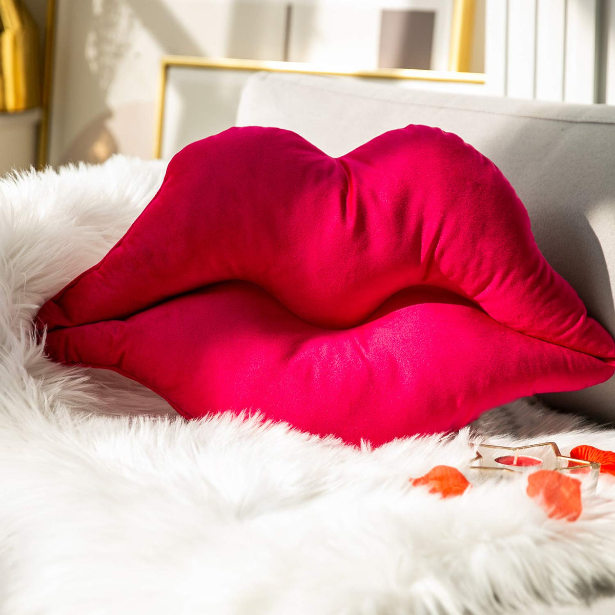 Ashler Lips Throw Pillows Smooth Soft Velvet Insert Included, Lip Shaped Pillow for Bed Living Room, New Red, 24 X 12 inches