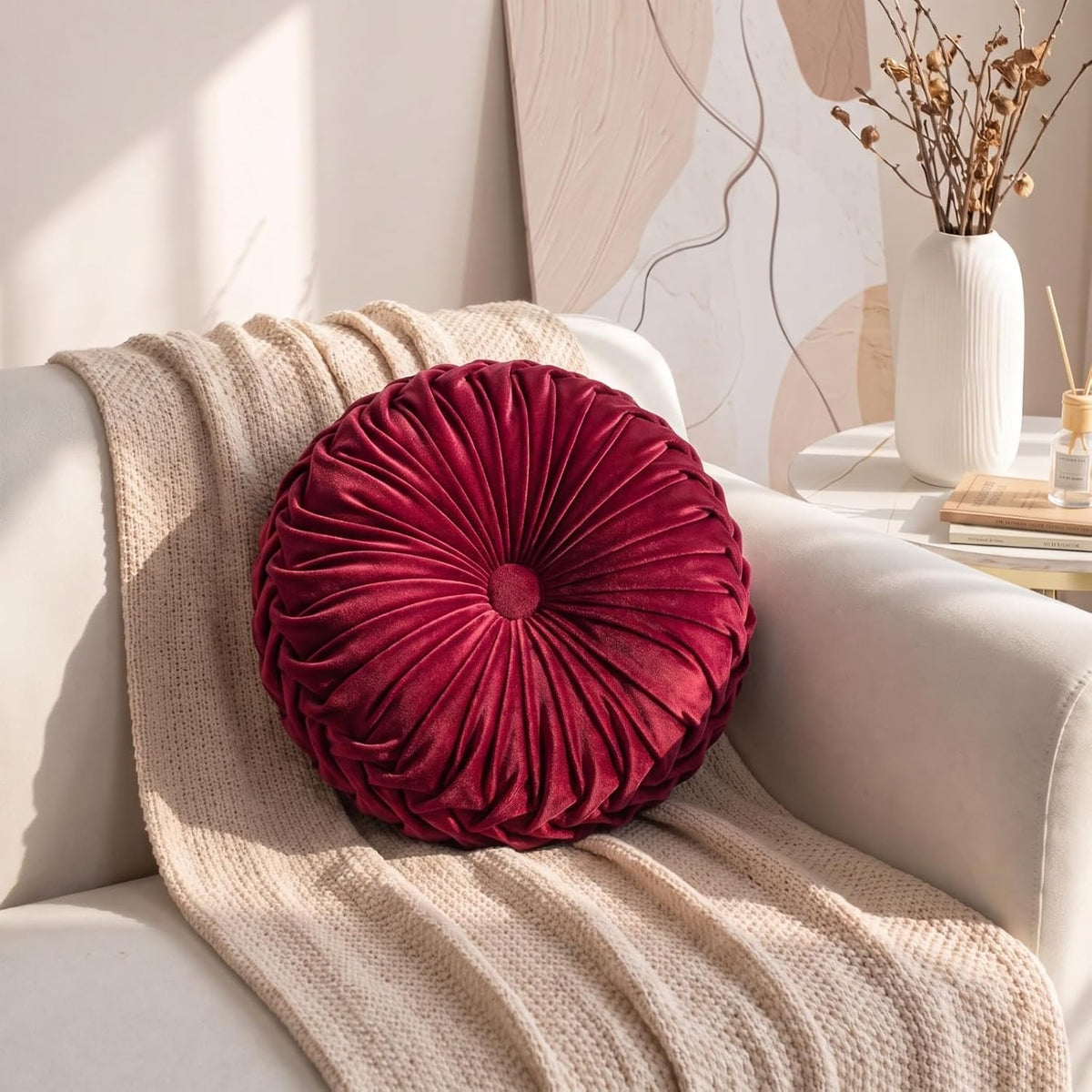 HLOVME Round Velvet Pillow for Couch Small Handmade Decorative Throw Pillow for Bed Bedroom 13.7” Wine Red