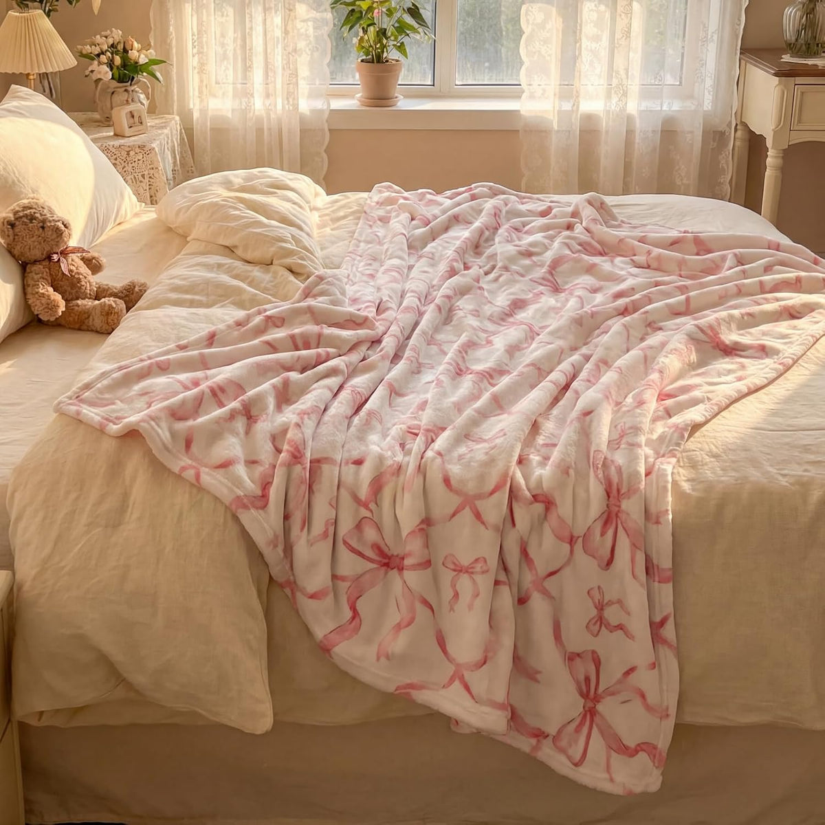 Buryeah Pink Bow Throw Blanket 50"x60" Soft Flannel for Girls Women