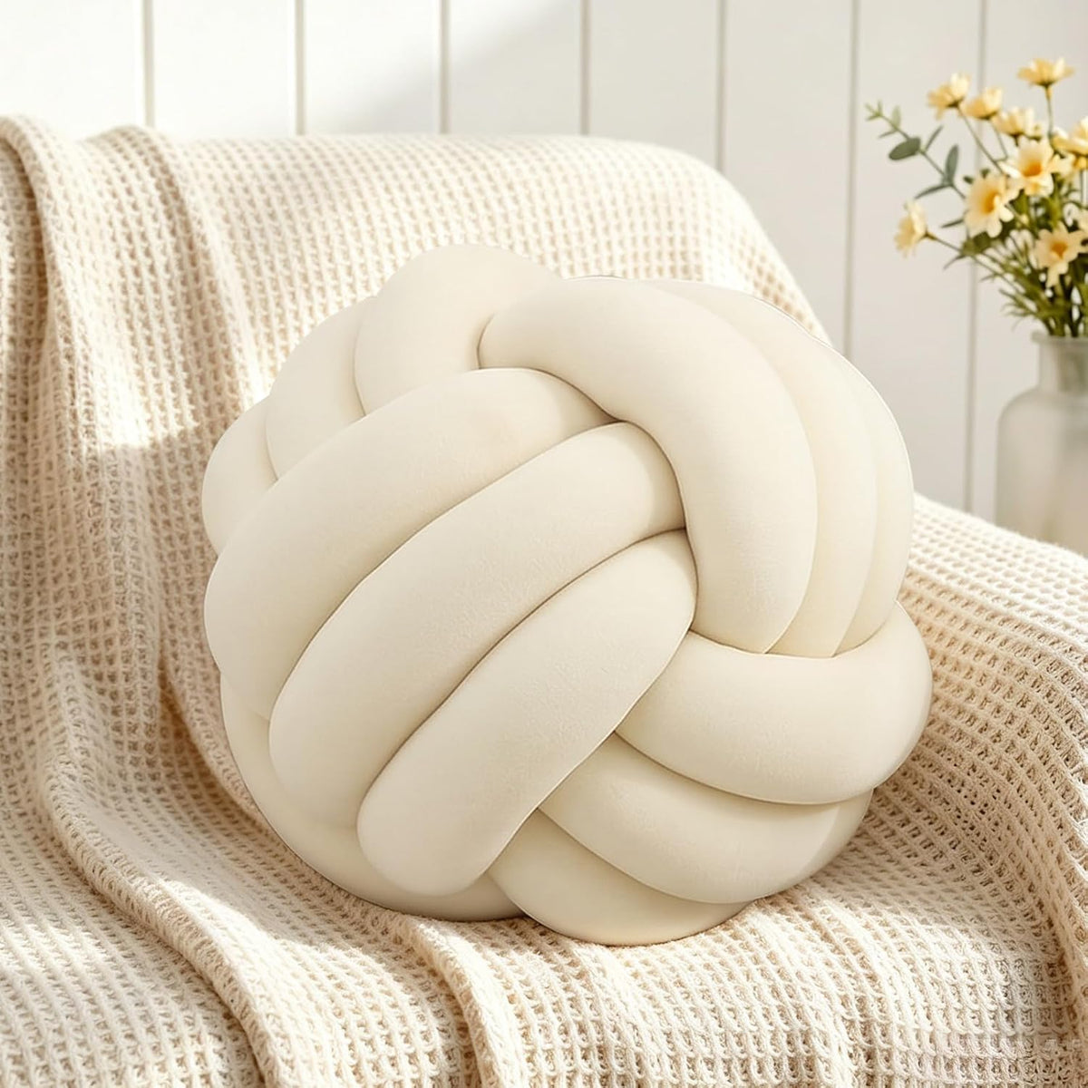 KUCCO Ivory Knot Pillow Ball, Handmade Knotted Throw Pillow, 7.87 Inch