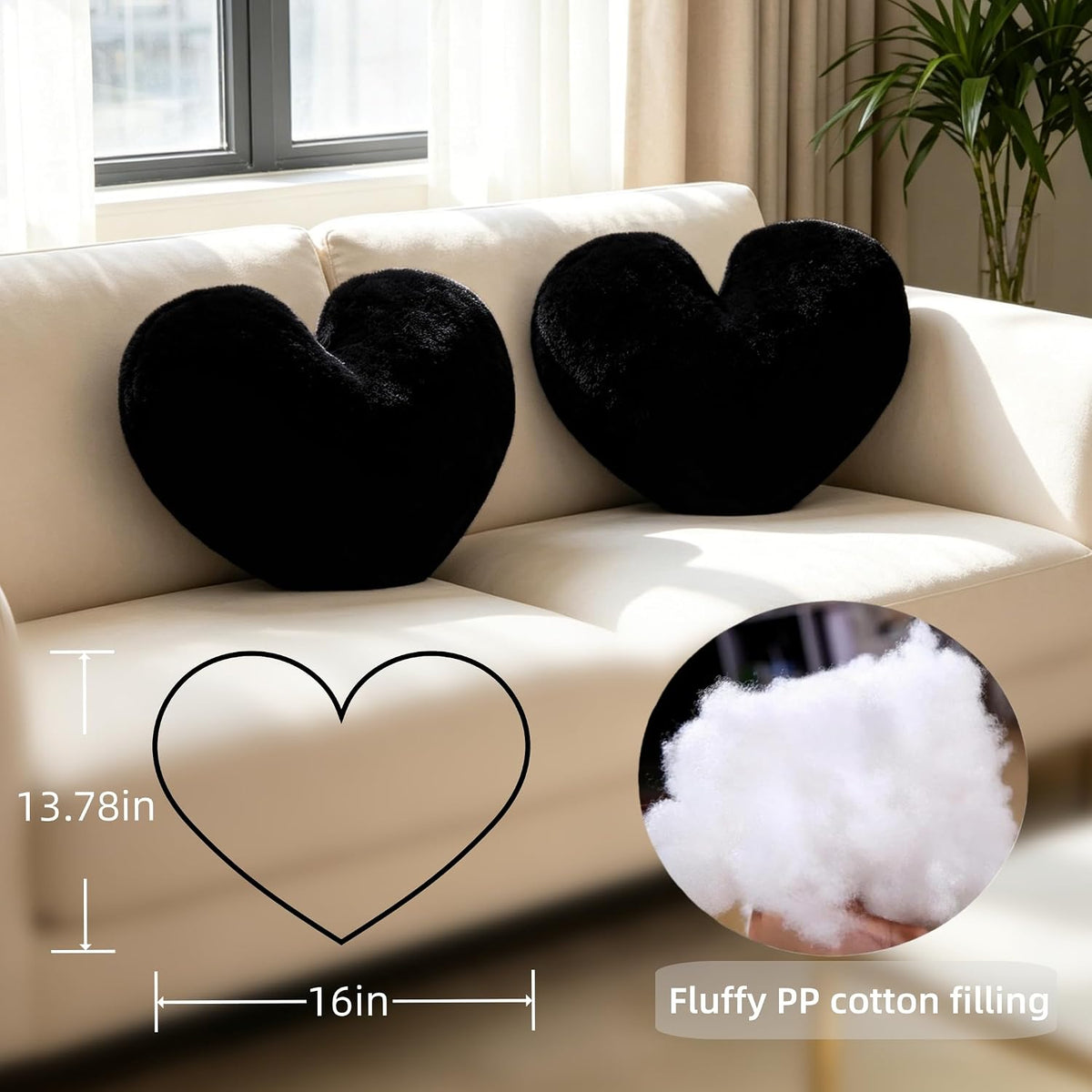 2 Pcs Black Heart Pillow 16" Fluffy Decorative Throw Pillows for Couch Bed