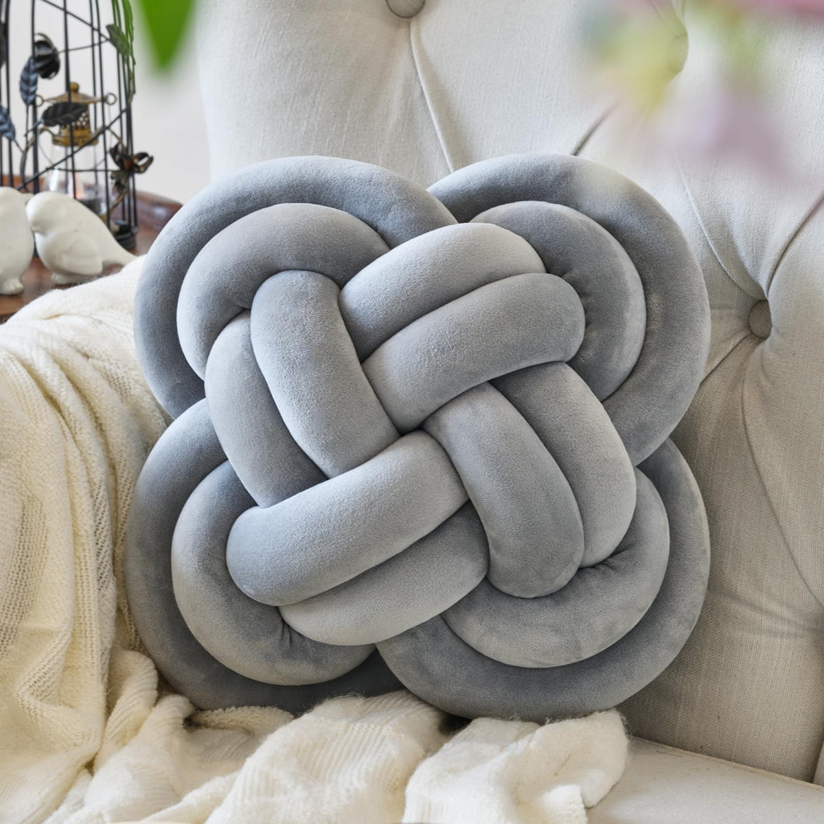 Xuyier Knot Pillow Ball, 12" Decorative Throw Pillows for Couch Bed, Beige