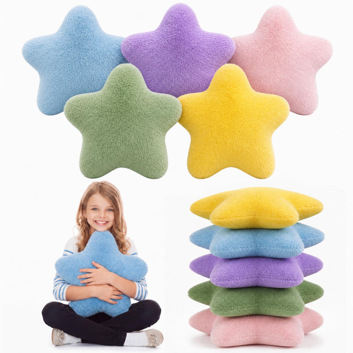 Soaoo 5 Pcs Star Fluffy Pillow Shaped Star Throw Pillow Kids Aesthetic Decor Soft Preppy Cute Cushion for Sofa Living Room Bedroom Back to School 15.75 in, Bright Mix