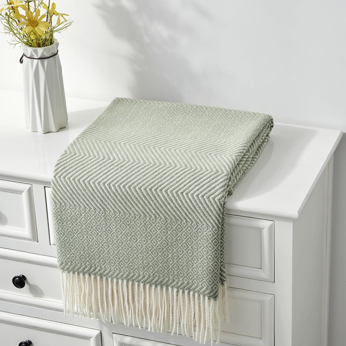 CREVENT Farmhouse Boho Knitted Throw Blanket for Couch Sofa Chair Bed Home Decoration, Soft Warm Cozy Light Weight for Spring Summer Fall (50''X60'' Off White/Ivory/Cream)