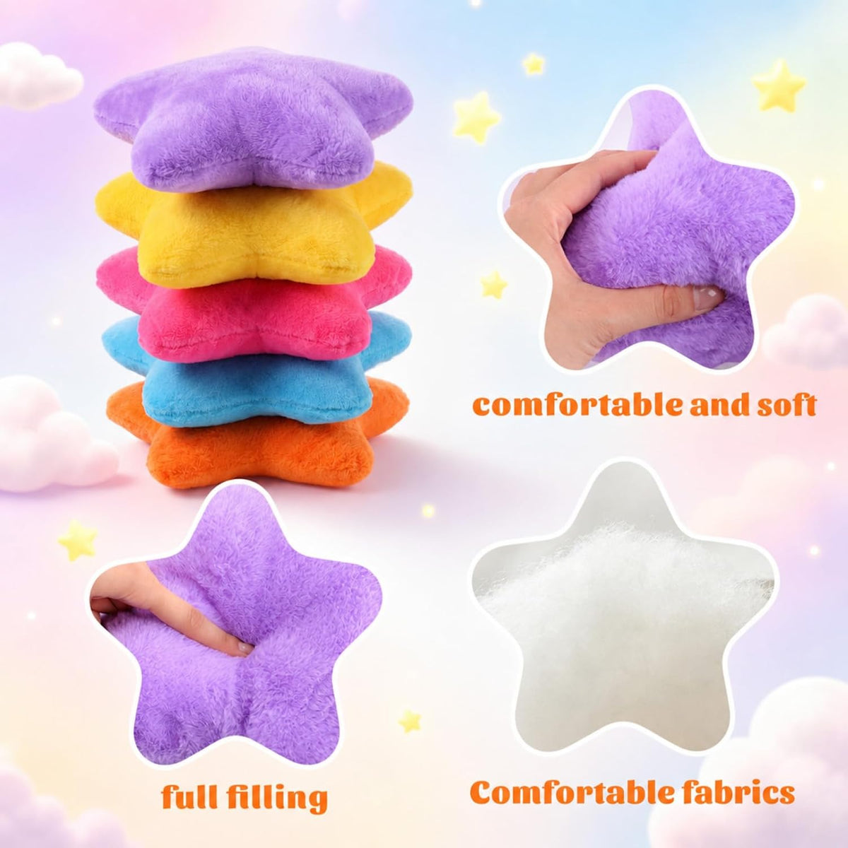 Soaoo 5 Pcs Star Fluffy Pillow Shaped Star Throw Pillow Kids Aesthetic Decor Soft Preppy Cute Cushion for Sofa Living Room Bedroom Back to School 15.75 in, Bright Mix