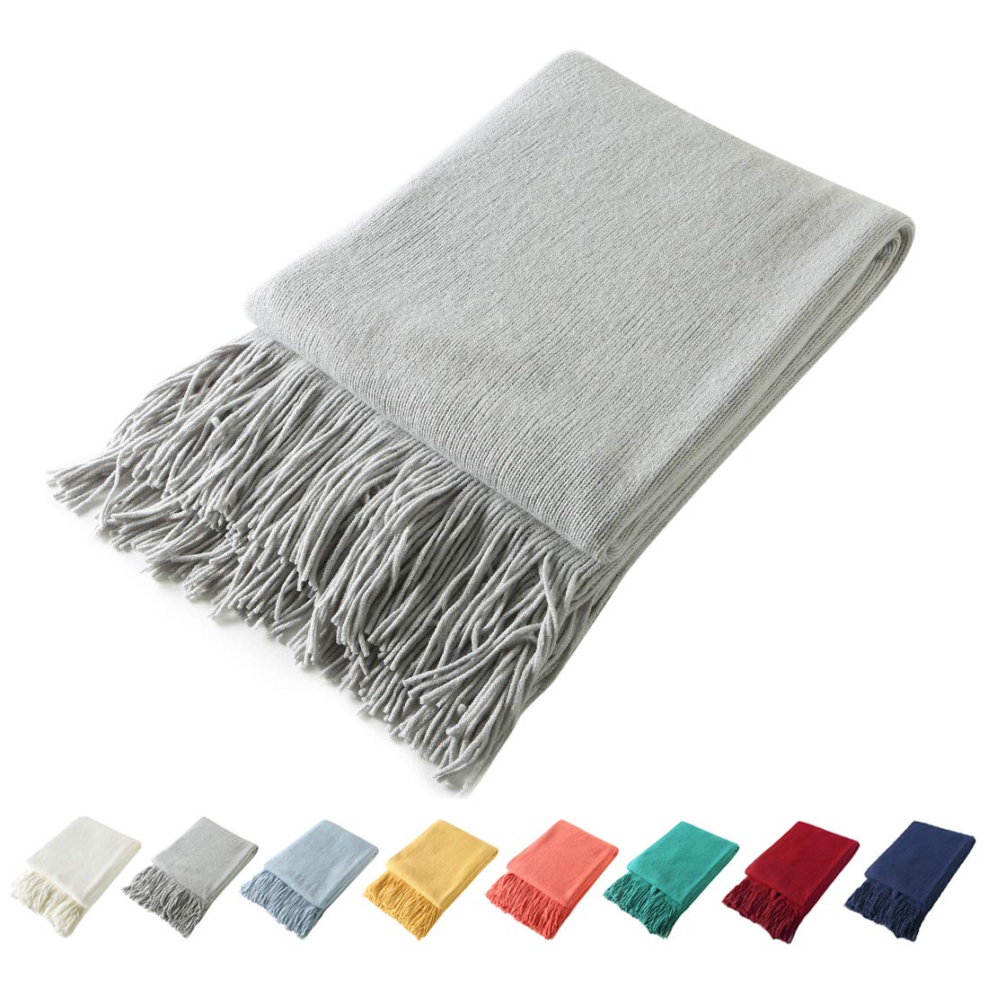 Homiest Pale Blue Knitted Throw Blanket with Fringe, 50x60 Inch