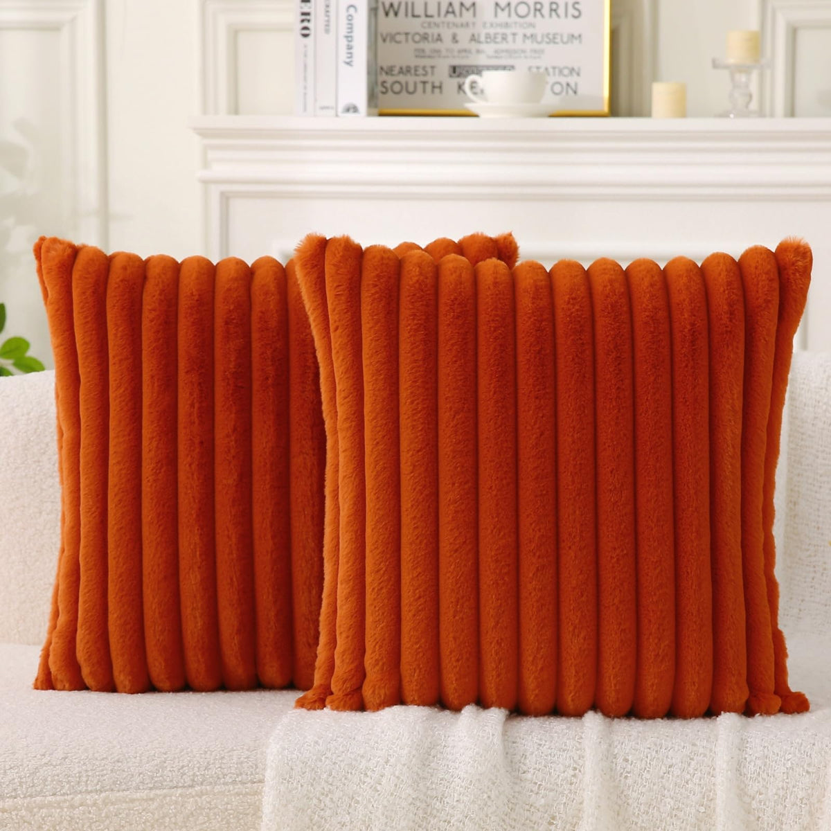 Decorative Throw Pillow with Inserts, Set of 2 Soft Faux Fur Throw Pillows, Square Boho Striped Pillow for Couch, Bed, Sofa Decor(Beige, 18" x 18")