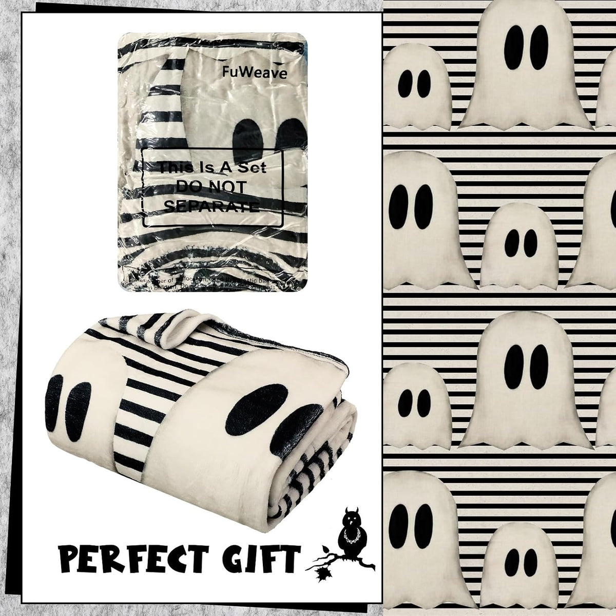FuWeave Halloween Throw Blanket Cute Ghost Blanket Black and White Striped