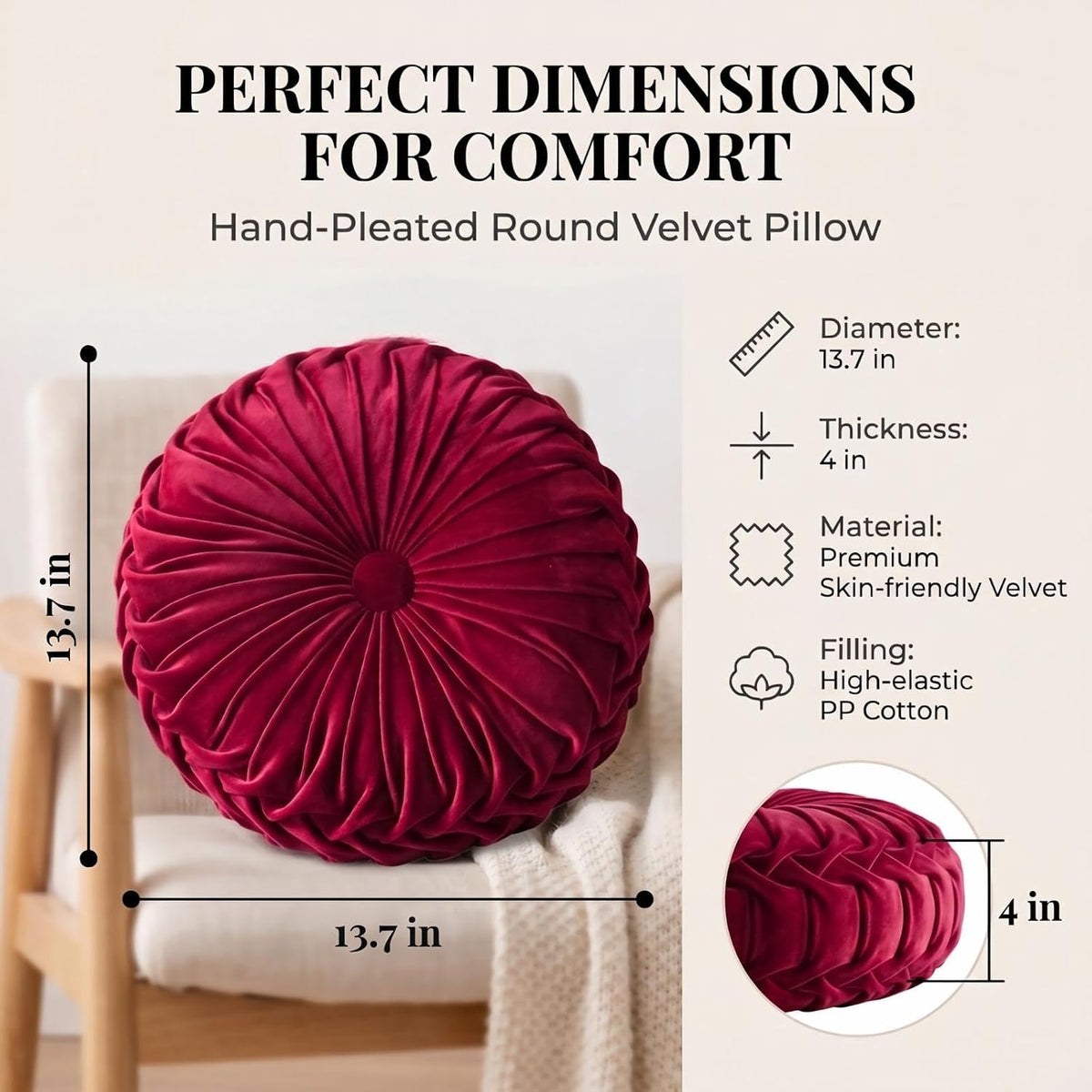 HLOVME Round Velvet Pillow for Couch Small Handmade Decorative Throw Pillow for Bed Bedroom 13.7” Wine Red