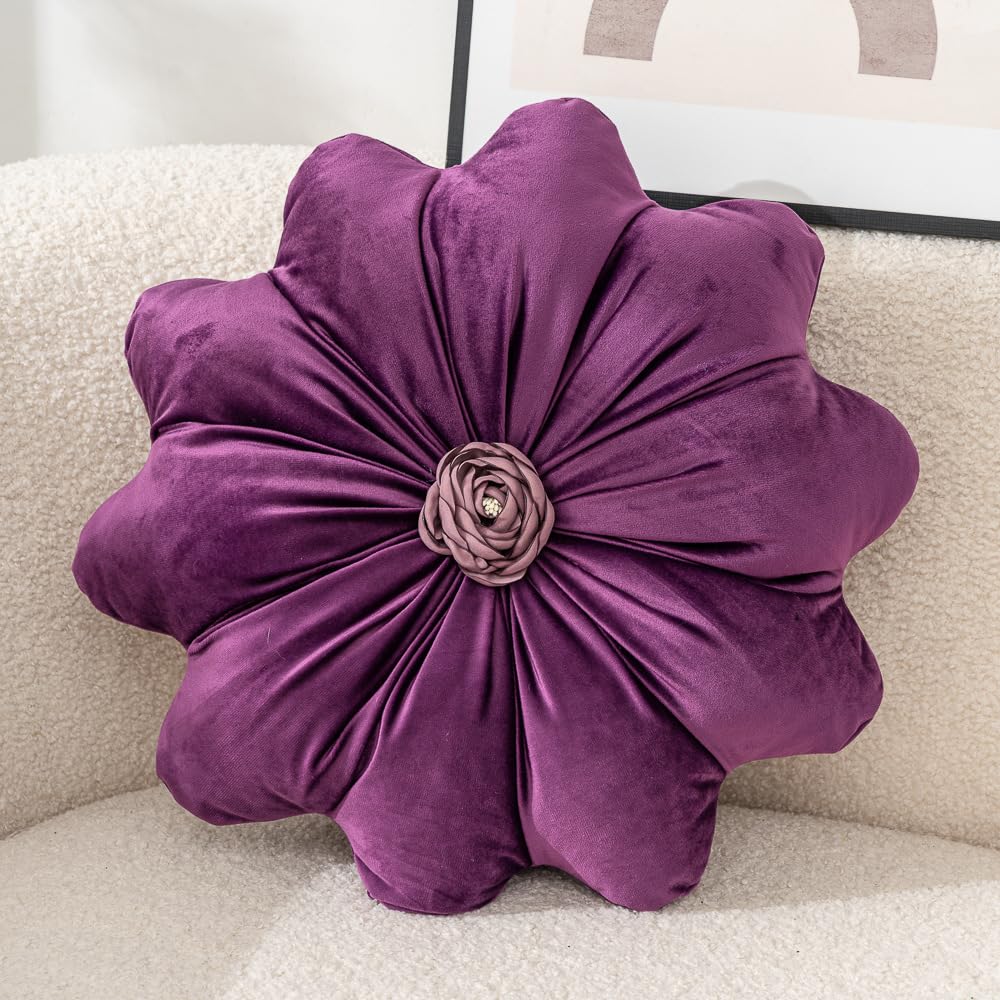 Flower Pillow Cushion Round Decorative Throw Pillows 15.7 Inch Velvet Flower Shaped Pillow Floral Cushion for Sofa, Couch, Vanity Chair, Bed (Green)