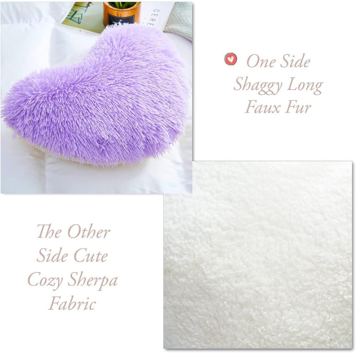 MOOWOO Fluffy Heart Pillow, Faux Fur Throw Pillow,Sherpa Plush Fluffy, Cute Soft Throw Cushion, Christmas Day,Valentines Day Decor for Home Bed Couch (Purple)