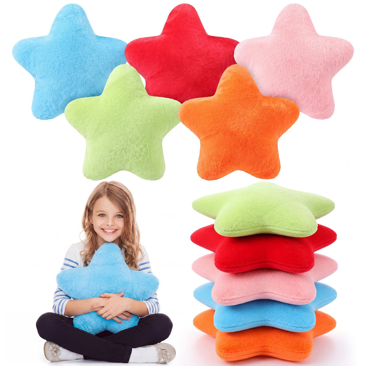 Soaoo 5 Pcs Star Fluffy Pillow Shaped Star Throw Pillow Kids Aesthetic Decor Soft Preppy Cute Cushion for Sofa Living Room Bedroom Back to School 15.75 in, Bright Mix