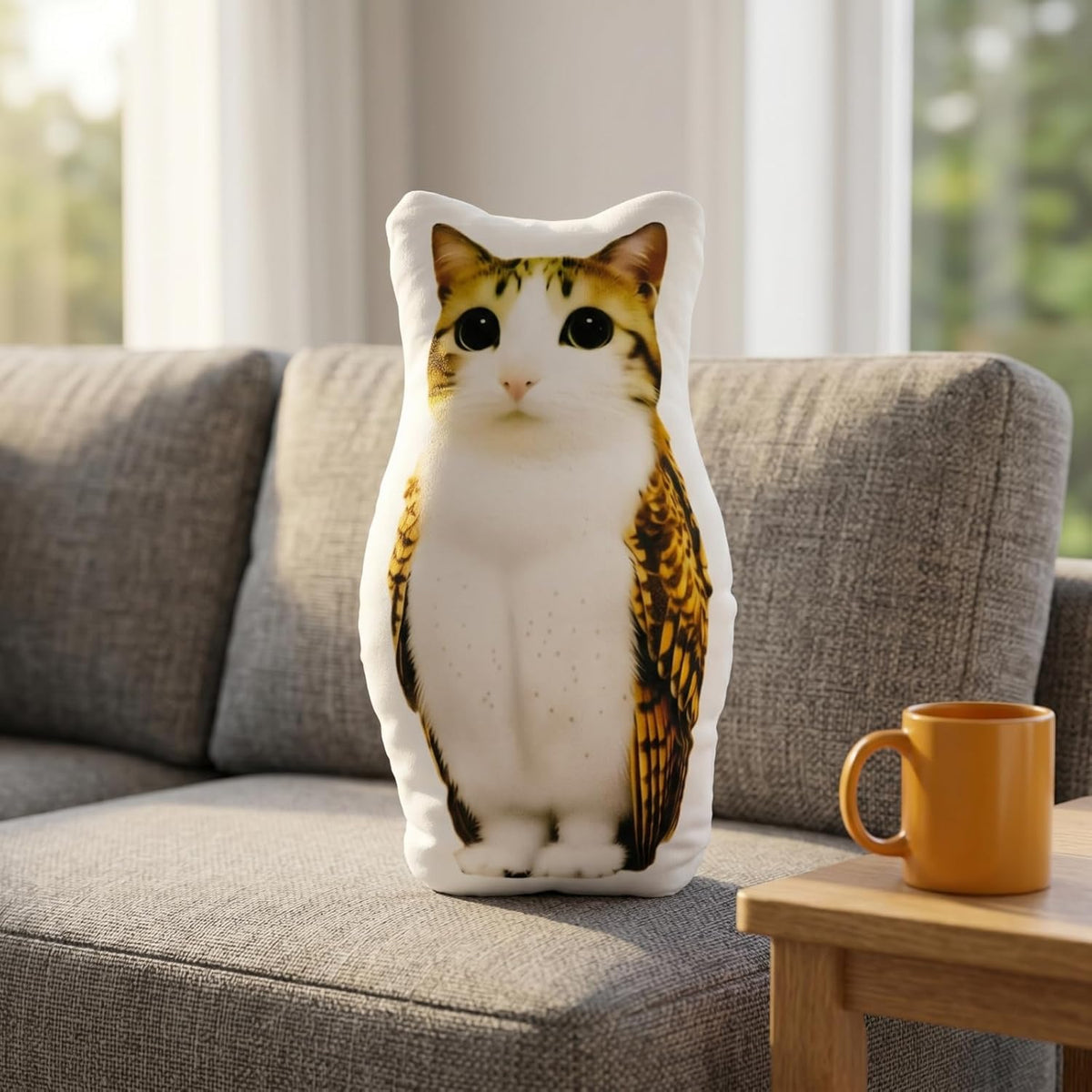 Meowl Meme Decorative Pillow, 14" Soft Cat-Owl Hybrid Home Accent, Unique Shaped Throw Pillow for Couch and Bed, Surrealist Aesthetic Room Decor