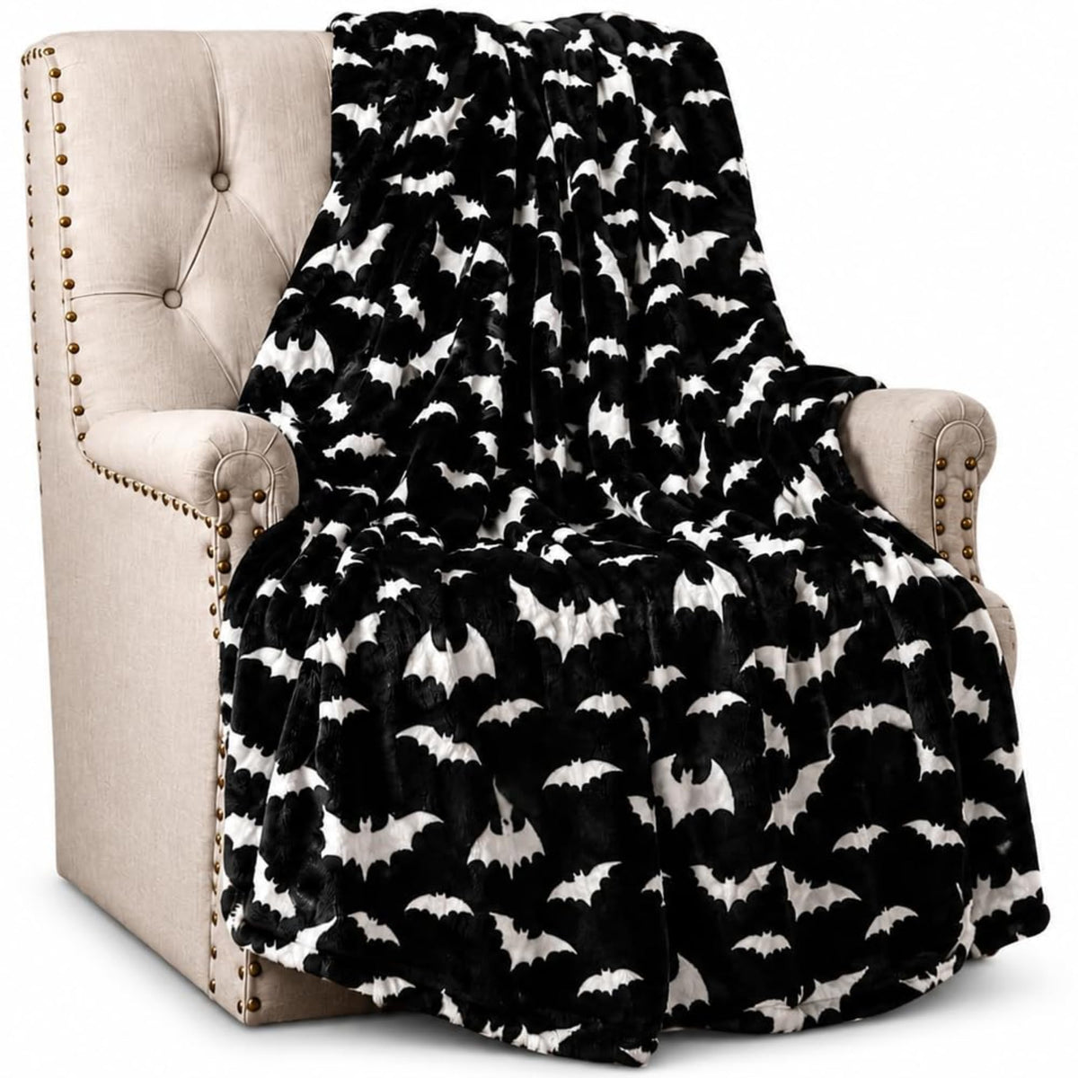 Halloween Fleece Throw Blanket, Black Bats on Gray, 50"x70" Oversized