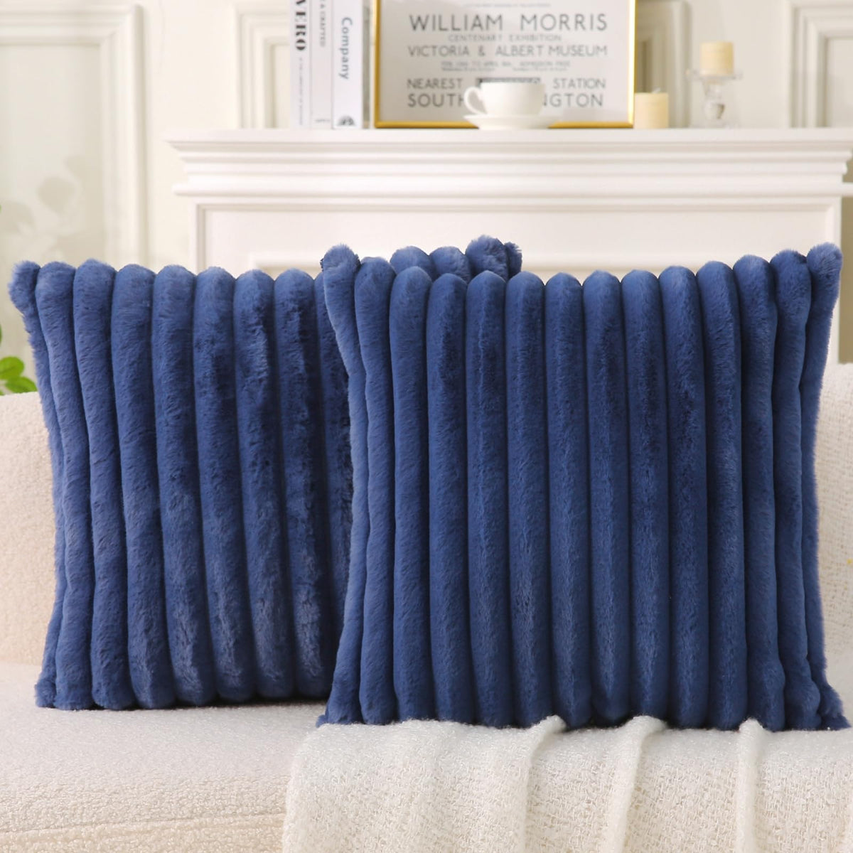 Decorative Throw Pillow with Inserts, Set of 2 Soft Faux Fur Throw Pillows, Square Boho Striped Pillow for Couch, Bed, Sofa Decor(Beige, 18" x 18")