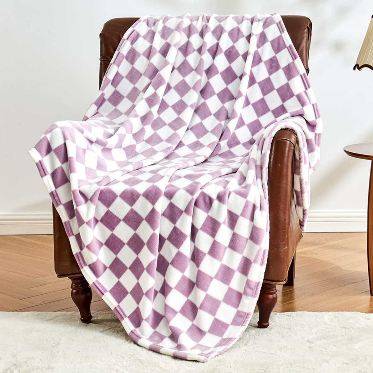 Edenleaf Pink Checkered Fleece Throw Blanket for Couch Warm Home Decor