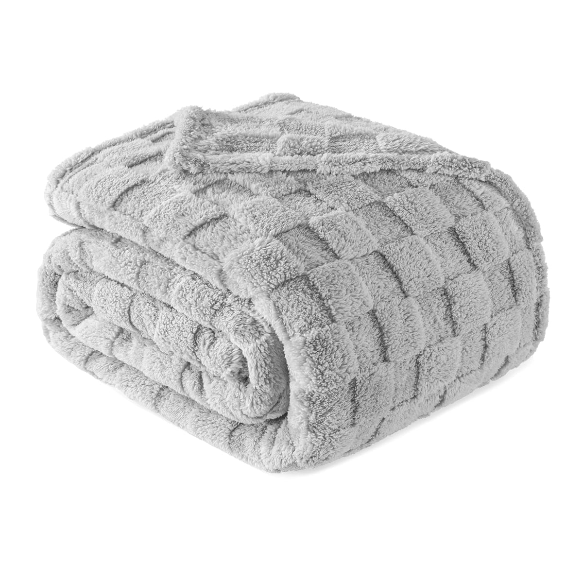 Exclusivo Mezcla 3D Checkered Fleece Throw Blanket for Couch, Ivory