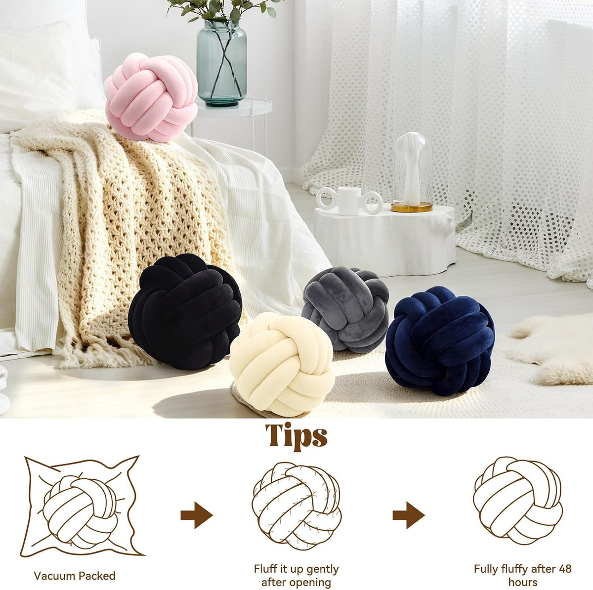 KUCCO Ivory Knot Pillow Ball, Handmade Knotted Throw Pillow, 7.87 Inch