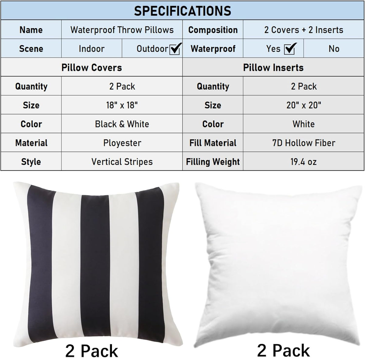 Outdoor Throw Pillows with Inserts, Pack of 2 Waterproof Decorative Garden Cushion for Patio Furniture Garden Couch Sofa Home