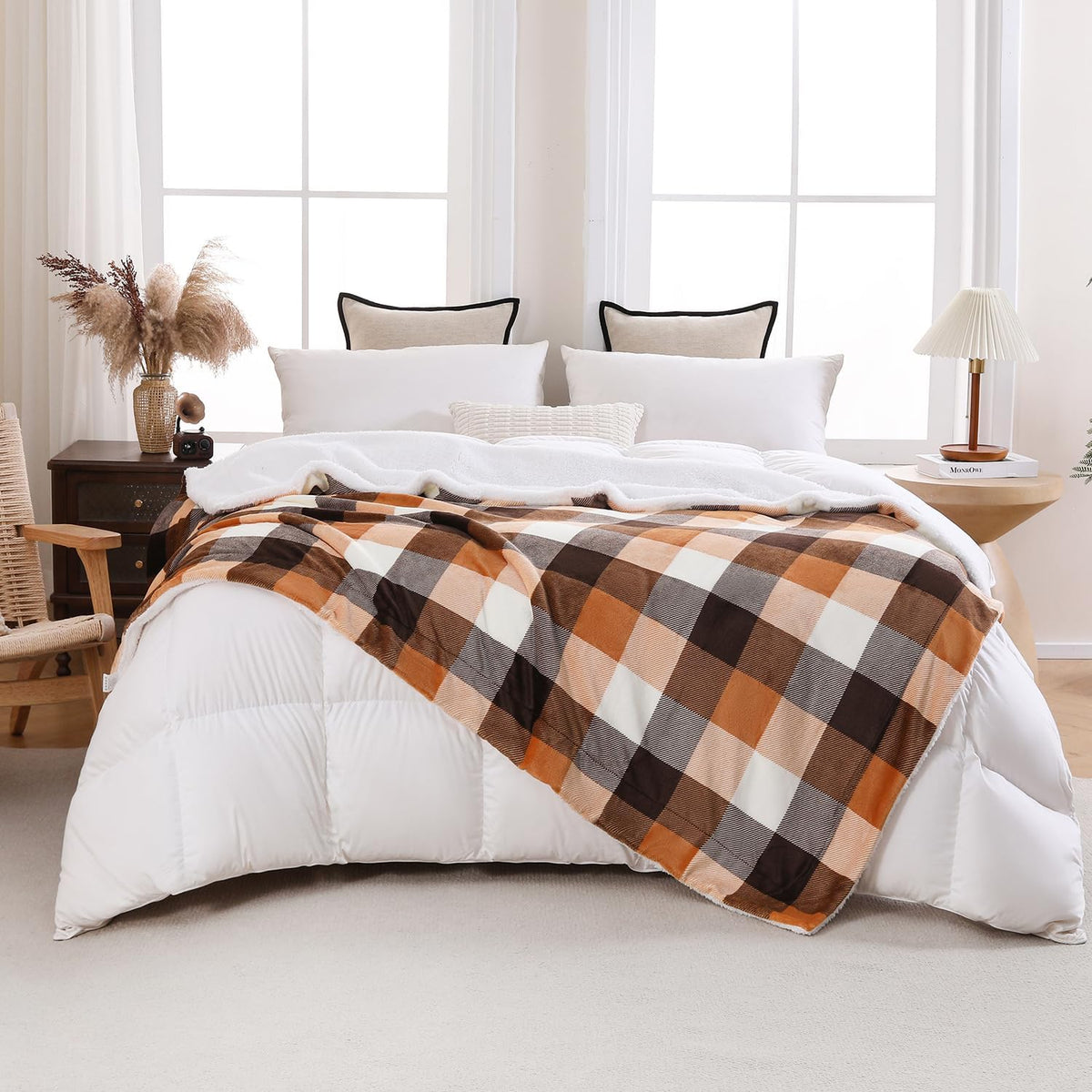 SOCHOW Buffalo Plaid Sherpa Fleece Throw Blanket, 50 x 60 inches, Orange