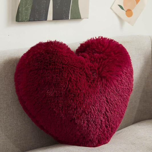MorroMorn Fluffy Heart Throw Pillows, Shaggy Decorative Pillow for Sofa Couch Bed, Cute Room Decor Decorations for Women Girls Kids (Dark Red)