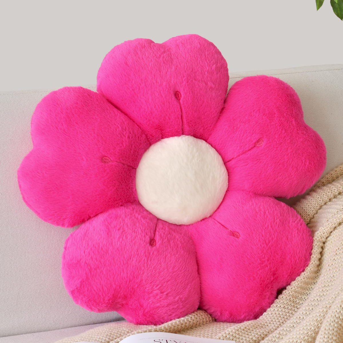 Flower Shaped Pillow, Cute Decorative Throw Pillow with Soft Artificial Rabbit Fur for Couch Bed Chair Floor, Flower Pillows Seating Cushions with Room Décor for Bedroom Living Room (14.9" Lavender)