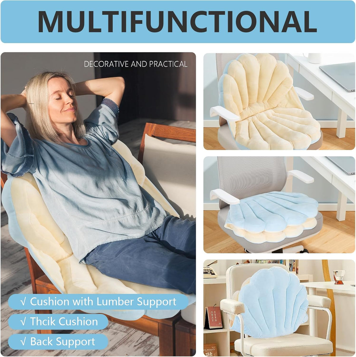 HOMBYS Shell Shaped Seat Cushion with Backrest, Cute Gaming Chair Cushion, Openable Shell Pillow, Throw Pillow & Decorative Pillow for Bed, Couch & Sofa, Ocean Theme Seashell Home Decor, (Blue)