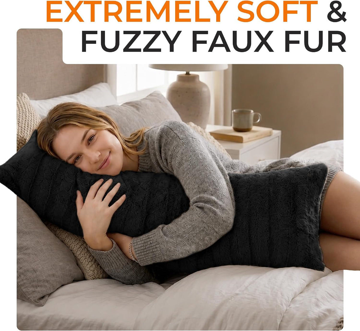 Cheer Collection Faux Fur Long Body Pillow - Accent Throw Pillow for Bed and Couch - Decorative Lumbar Pillow with Insert, Black (18" x 40")