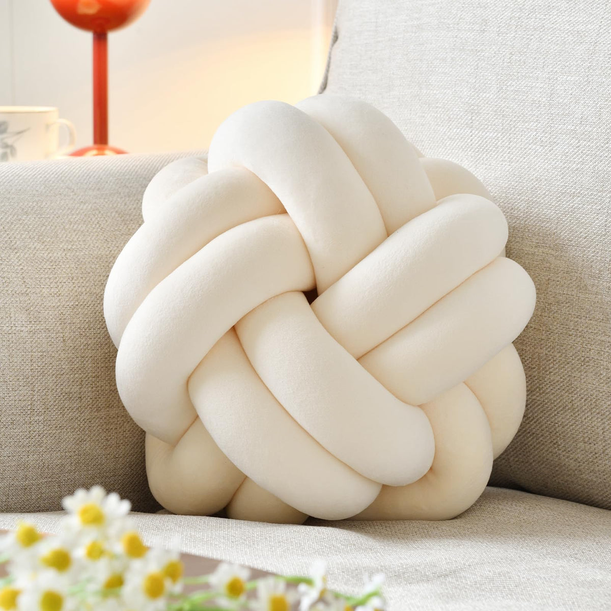 Knot Pillow Ball, Soft Home Decorative Throw Pillows Cushion, Round Changeability Knotted Pillows, Modern Home Handmade Cushions for Bedroom, Sofa, Couch (8 Inch, White)