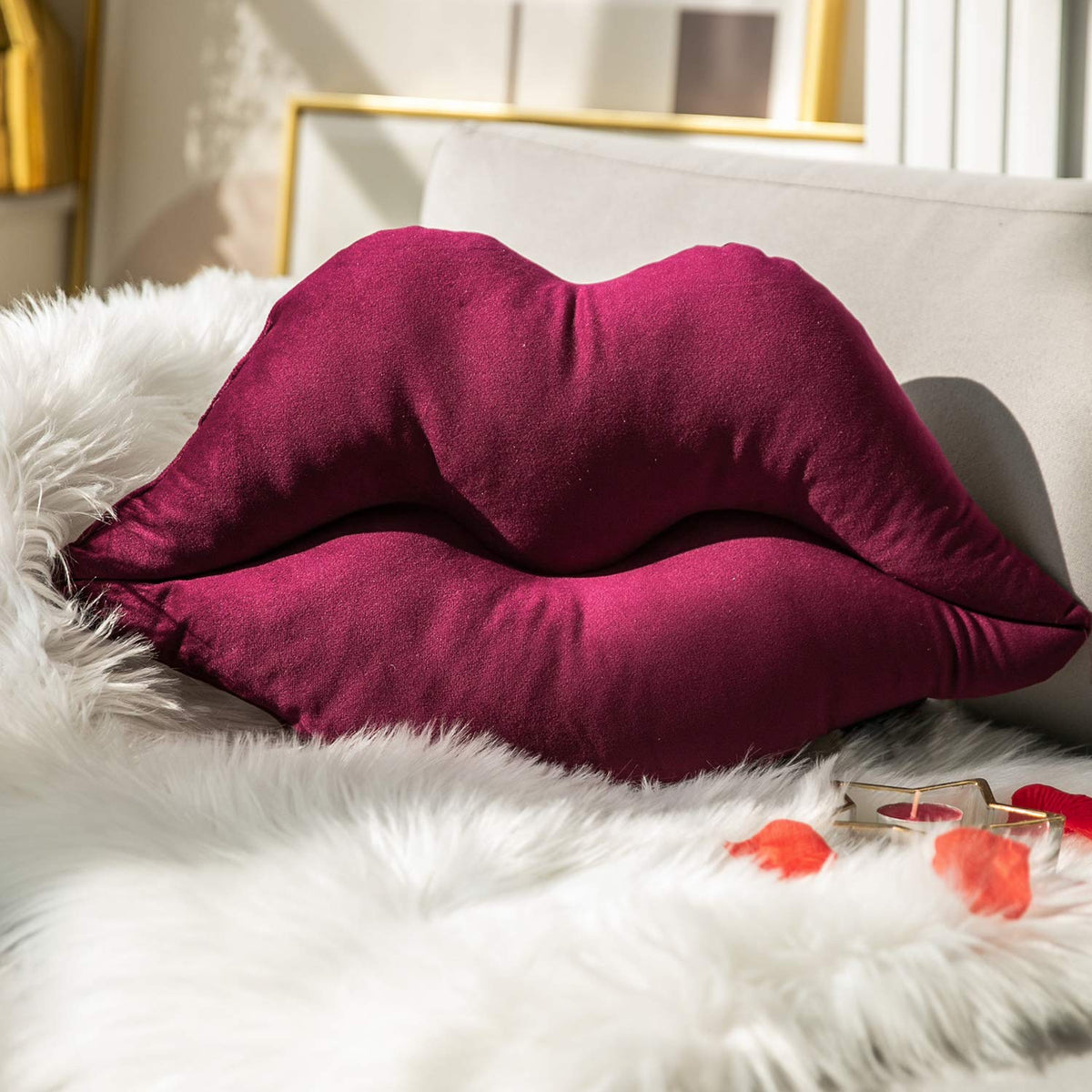 Ashler Lips Throw Pillows Smooth Soft Velvet Insert Included, Lip Shaped Pillow for Bed Living Room, New Red, 24 X 12 inches