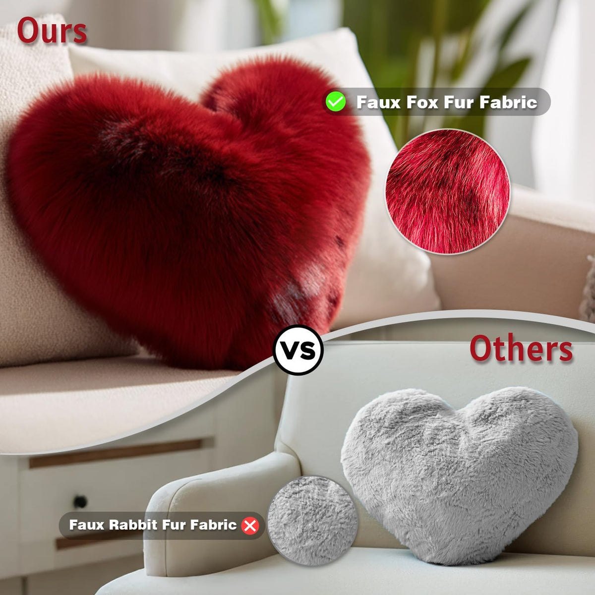 Red Heart Pillow, Faux Fox Fur Heart Decorative Pillows, Heart Shaped Throw Pillow for Bed, Soft Fluffy Decorative Cushion for Chair Sofa Living Room - Plush Pillow Home Decor