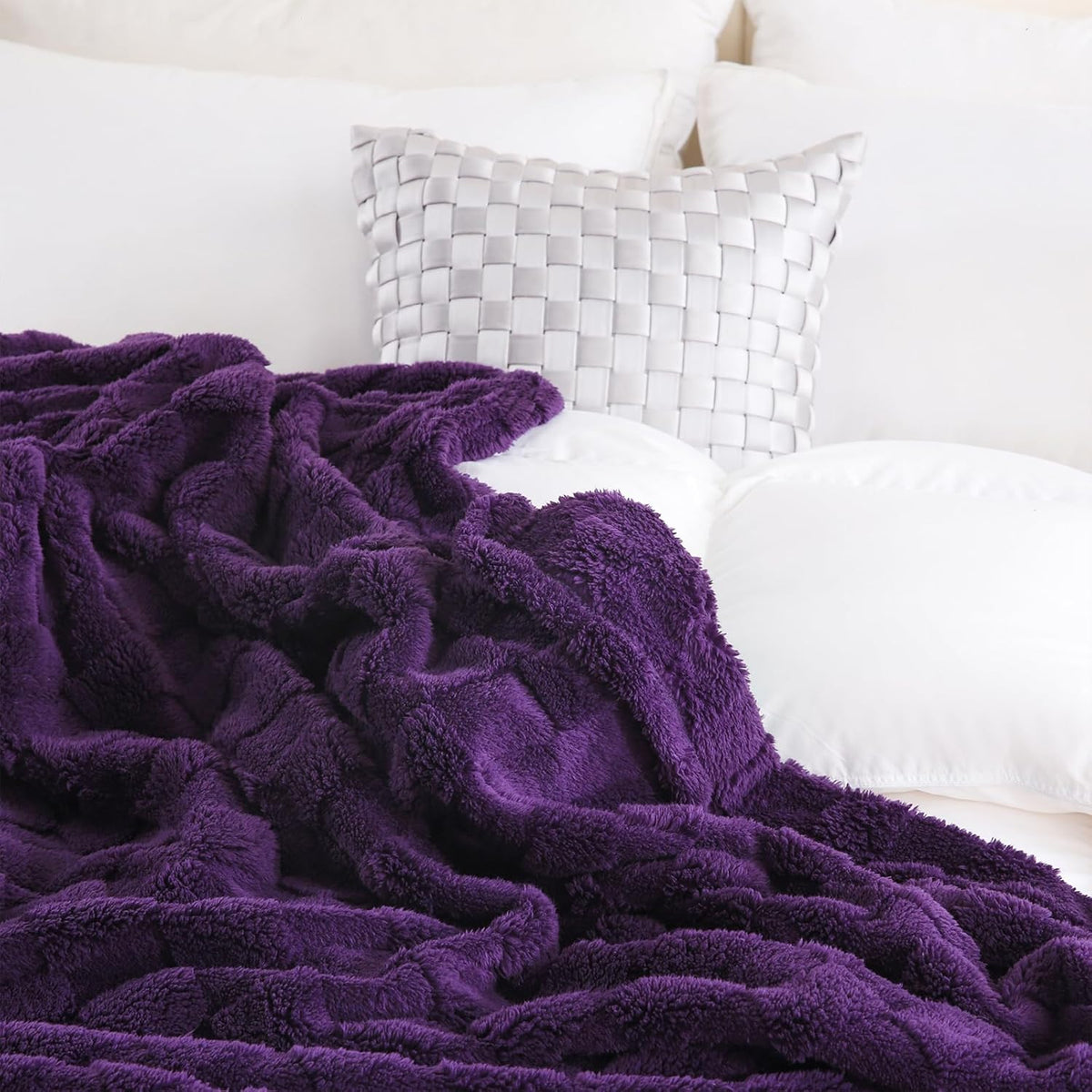Deep Purple Fleece Throw Blanket 50”×60”Checkered Design for Couch