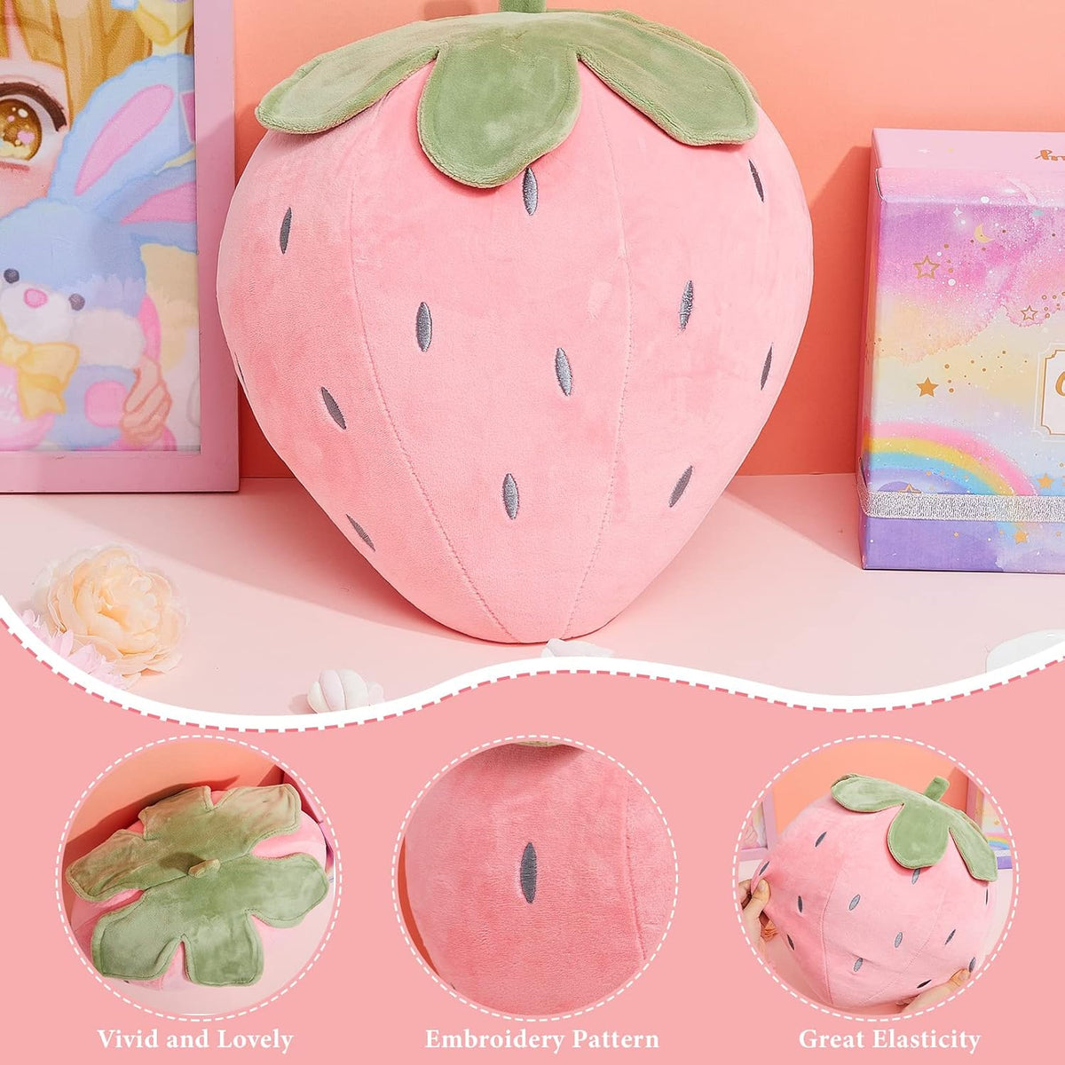 Juexica 2 Pcs Strawberry Plush Pillow, Soft Fruit Cushion, Red，Pink