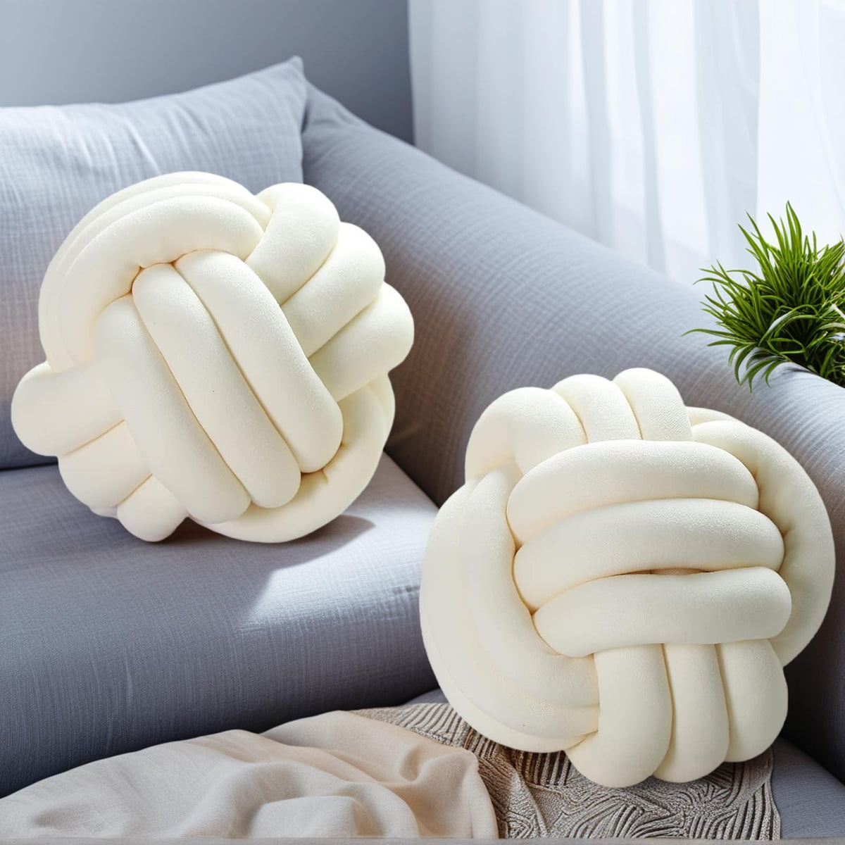 2 Pcs Knot Ball Pillow Black Throw Pillows Plush Round Cushion 8.7"