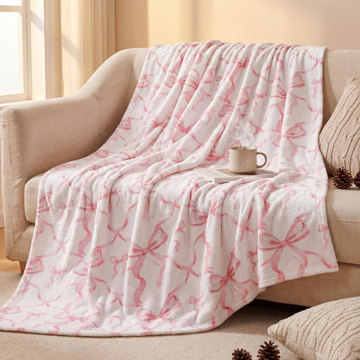 Buryeah Pink Bow Throw Blanket 50"x60" Soft Flannel for Girls Women
