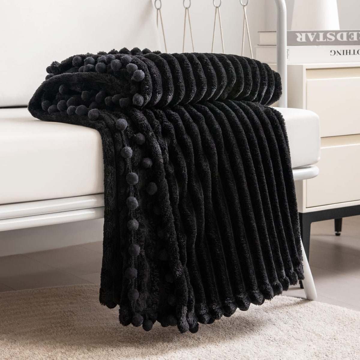 DISSA Fleece Blanket Throw Size – 51x63, Yellow Soft, Plush, Fluffy, Fuzzy, Warm, Cozy Perfect for Couch, Bed, Sofa - with Pompom Fringe Flannel