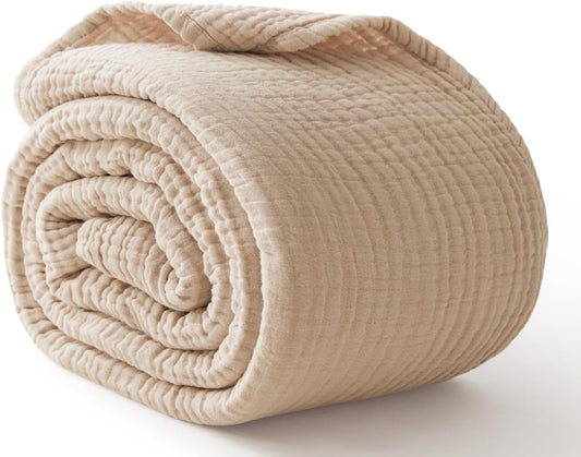 100% Cotton Muslin Blanket for Adults, 6-Layer Large Throw, Beige Linen