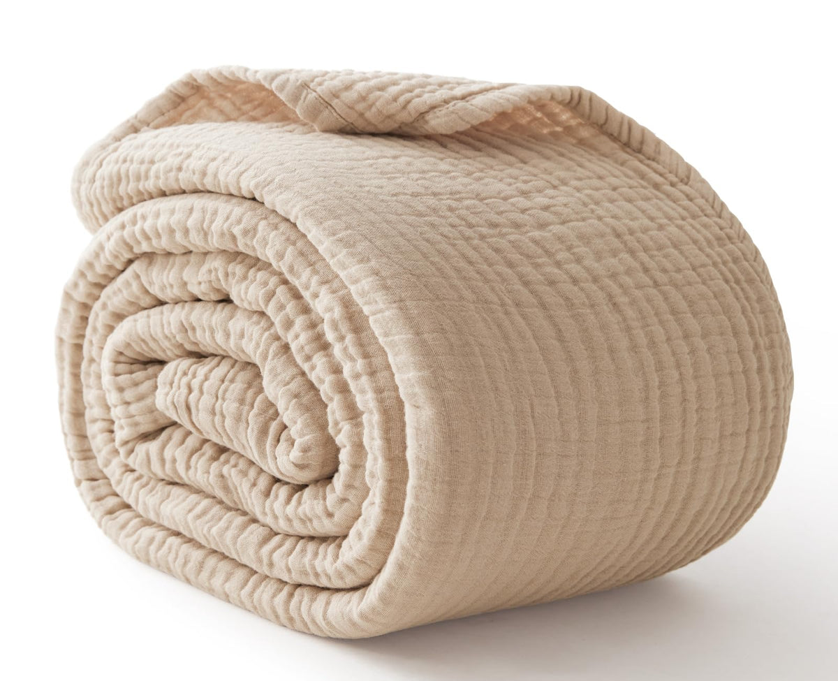 100% Cotton Muslin Blanket for Adults, 6-Layer Large Throw, Beige Linen