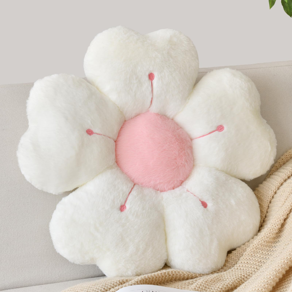 Flower Shaped Pillow, Cute Decorative Throw Pillow with Soft Artificial Rabbit Fur for Couch Bed Chair Floor, Flower Pillows Seating Cushions with Room Décor for Bedroom Living Room (14.9" Lavender)