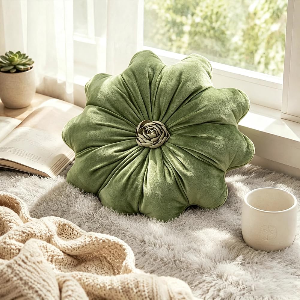 Flower Pillow Cushion Round Decorative Throw Pillows 15.7 Inch Velvet Flower Shaped Pillow Floral Cushion for Sofa, Couch, Vanity Chair, Bed (Green)